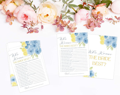 Blue Citrus Who Knows The Bride Best Bridal Shower Game, Pack of 30 Game Cards, Lemon Bridal Shower Decorations, Wedding Engagement Decor, Bachelorette Party Supplies - KR24