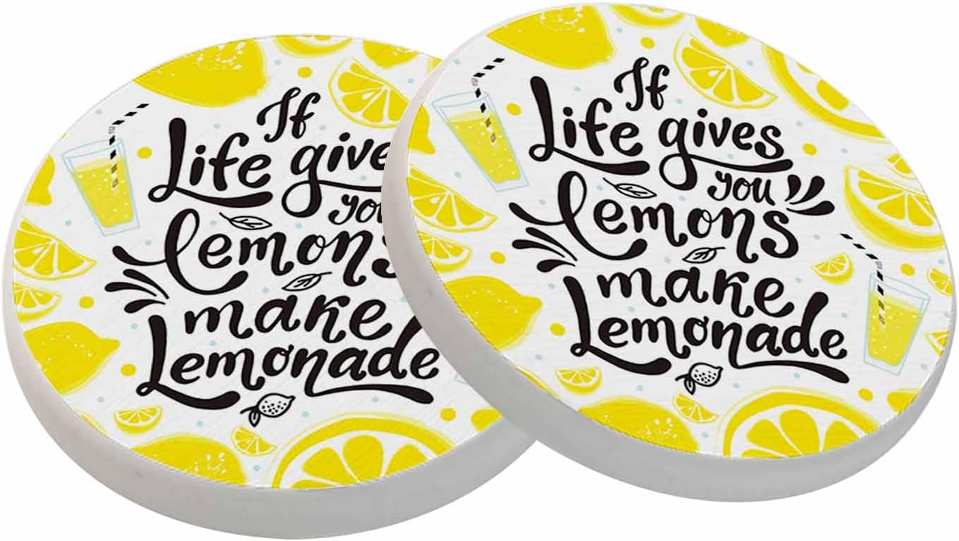 Lemon Coasters for Drinks Inspirational Quotes Modern Unique Art Letters Drink Coaster Round 4 Inch for Coffee Table House Gifts Home Decor
