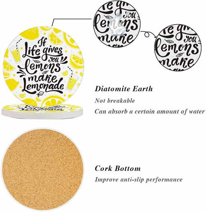 Lemon Coasters for Drinks Inspirational Quotes Modern Unique Art Letters Drink Coaster Round 4 Inch for Coffee Table House Gifts Home Decor