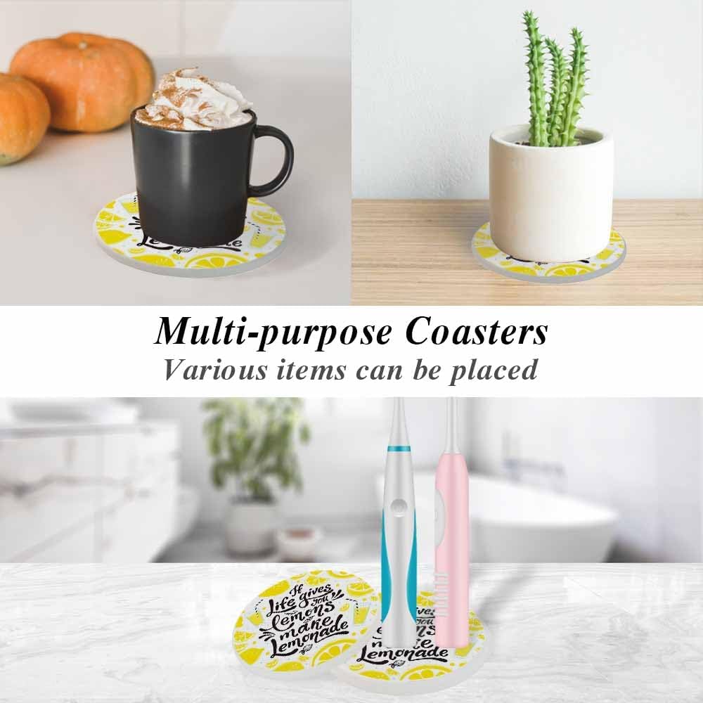 Lemon Coasters for Drinks Inspirational Quotes Modern Unique Art Letters Drink Coaster Round 4 Inch for Coffee Table House Gifts Home Decor