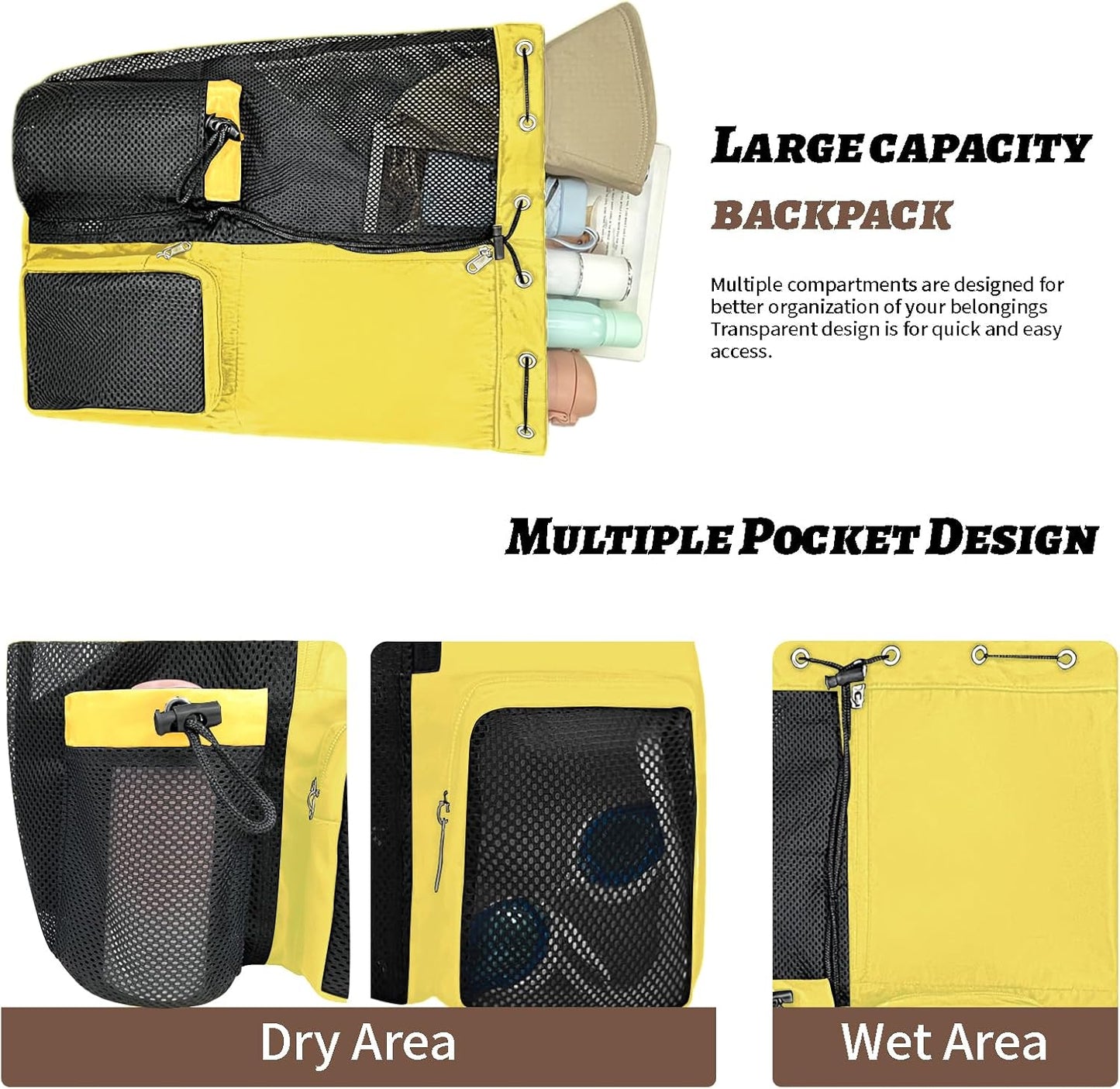 Beach Backpack with Wet Pocket Drawstring Mesh Beach Bag Waterproof Swimming Pool Backpack for Men and Women