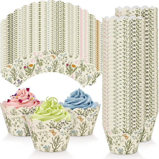100 Pcs Wildflower Cupcake Wrappers, Vintage Green Floral Decorative Cupcake Liners, Scalloped Brim Muffin Holders for Wedding, Baby Shower, Birthday, Spring & Party Decorations