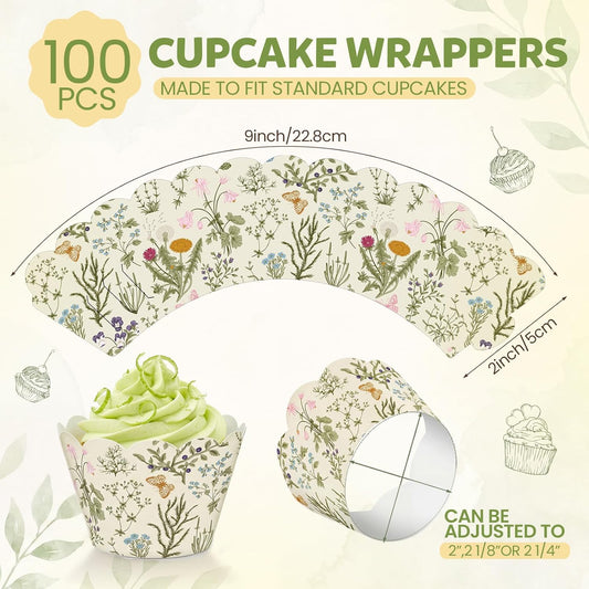 100 Pcs Wildflower Cupcake Wrappers, Vintage Green Floral Decorative Cupcake Liners, Scalloped Brim Muffin Holders for Wedding, Baby Shower, Birthday, Spring & Party Decorations