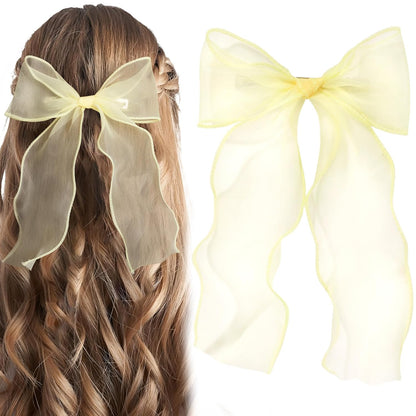 1Pc Large Hair Bow Clips, Yellow Silk Yarn Ribbon Bow Hair Barrette | HairClips for Women, Elegant Long Tail Bowknot French Hair Accessories for Wedding, Parties, Festivals - Style 4