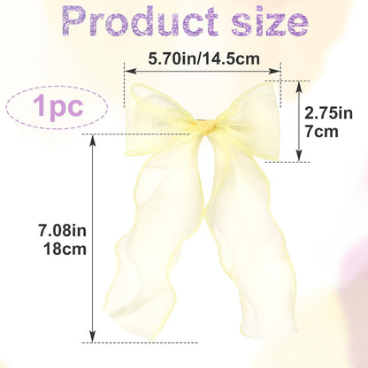 1Pc Large Hair Bow Clips, Yellow Silk Yarn Ribbon Bow Hair Barrette | HairClips for Women, Elegant Long Tail Bowknot French Hair Accessories for Wedding, Parties, Festivals - Style 4