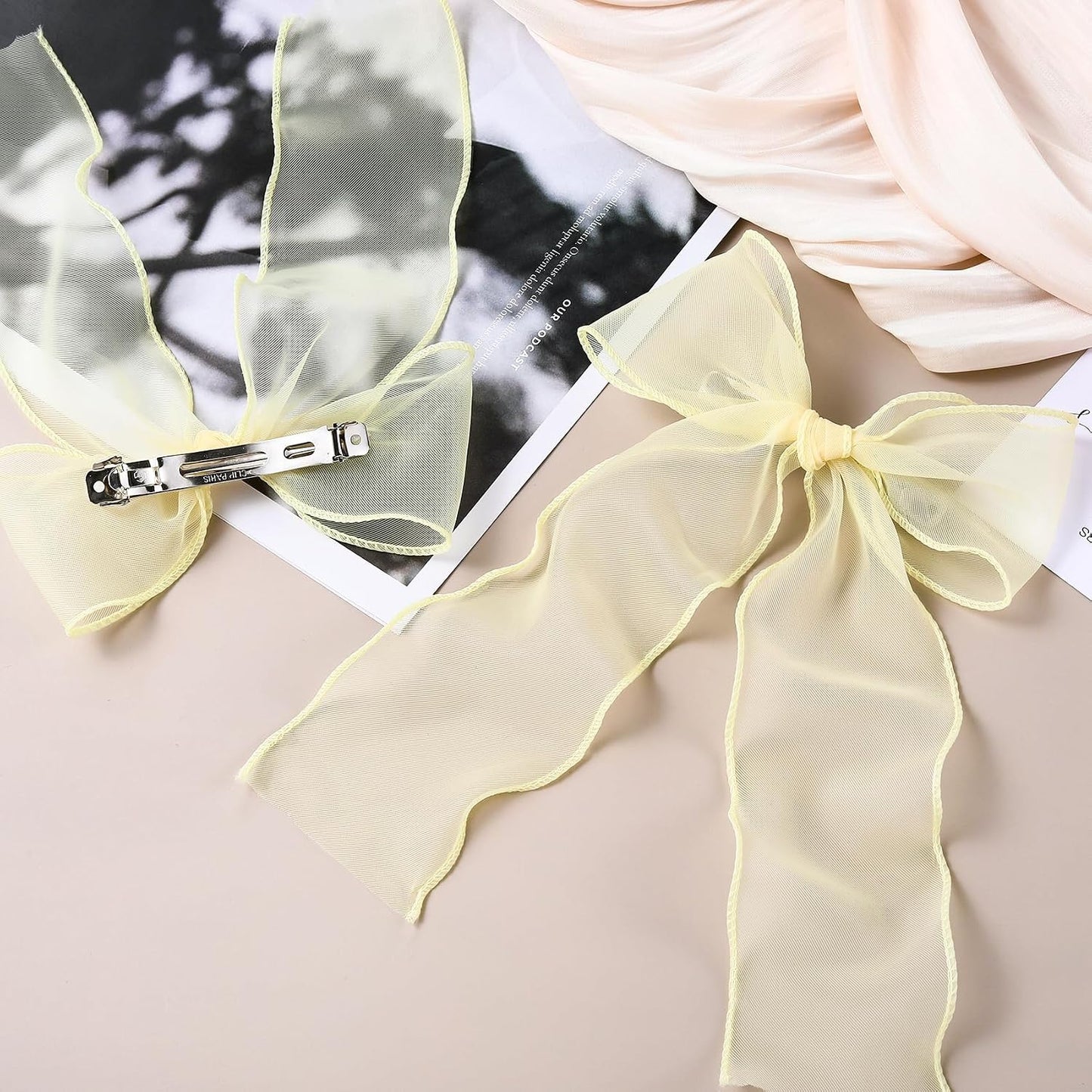 1Pc Large Hair Bow Clips, Yellow Silk Yarn Ribbon Bow Hair Barrette | HairClips for Women, Elegant Long Tail Bowknot French Hair Accessories for Wedding, Parties, Festivals - Style 4
