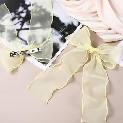 1Pc Large Hair Bow Clips, Yellow Silk Yarn Ribbon Bow Hair Barrette | HairClips for Women, Elegant Long Tail Bowknot French Hair Accessories for Wedding, Parties, Festivals - Style 4