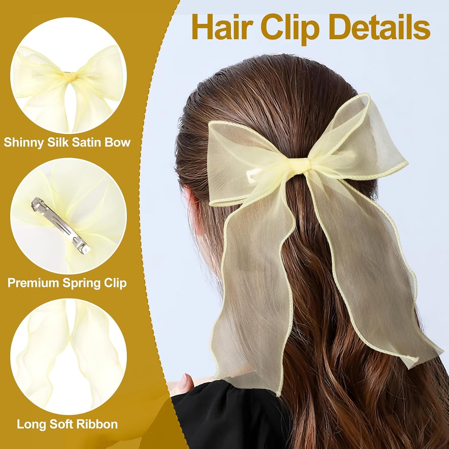 1Pc Large Hair Bow Clips, Yellow Silk Yarn Ribbon Bow Hair Barrette | HairClips for Women, Elegant Long Tail Bowknot French Hair Accessories for Wedding, Parties, Festivals - Style 4