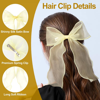 1Pc Large Hair Bow Clips, Yellow Silk Yarn Ribbon Bow Hair Barrette | HairClips for Women, Elegant Long Tail Bowknot French Hair Accessories for Wedding, Parties, Festivals - Style 4