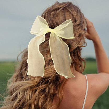 1Pc Large Hair Bow Clips, Yellow Silk Yarn Ribbon Bow Hair Barrette | HairClips for Women, Elegant Long Tail Bowknot French Hair Accessories for Wedding, Parties, Festivals - Style 4