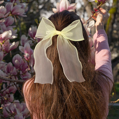 1Pc Large Hair Bow Clips, Yellow Silk Yarn Ribbon Bow Hair Barrette | HairClips for Women, Elegant Long Tail Bowknot French Hair Accessories for Wedding, Parties, Festivals - Style 4