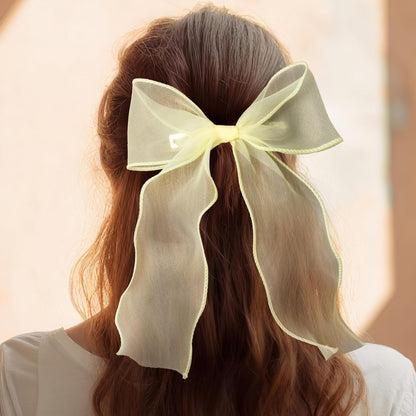 1Pc Large Hair Bow Clips, Yellow Silk Yarn Ribbon Bow Hair Barrette | HairClips for Women, Elegant Long Tail Bowknot French Hair Accessories for Wedding, Parties, Festivals - Style 4