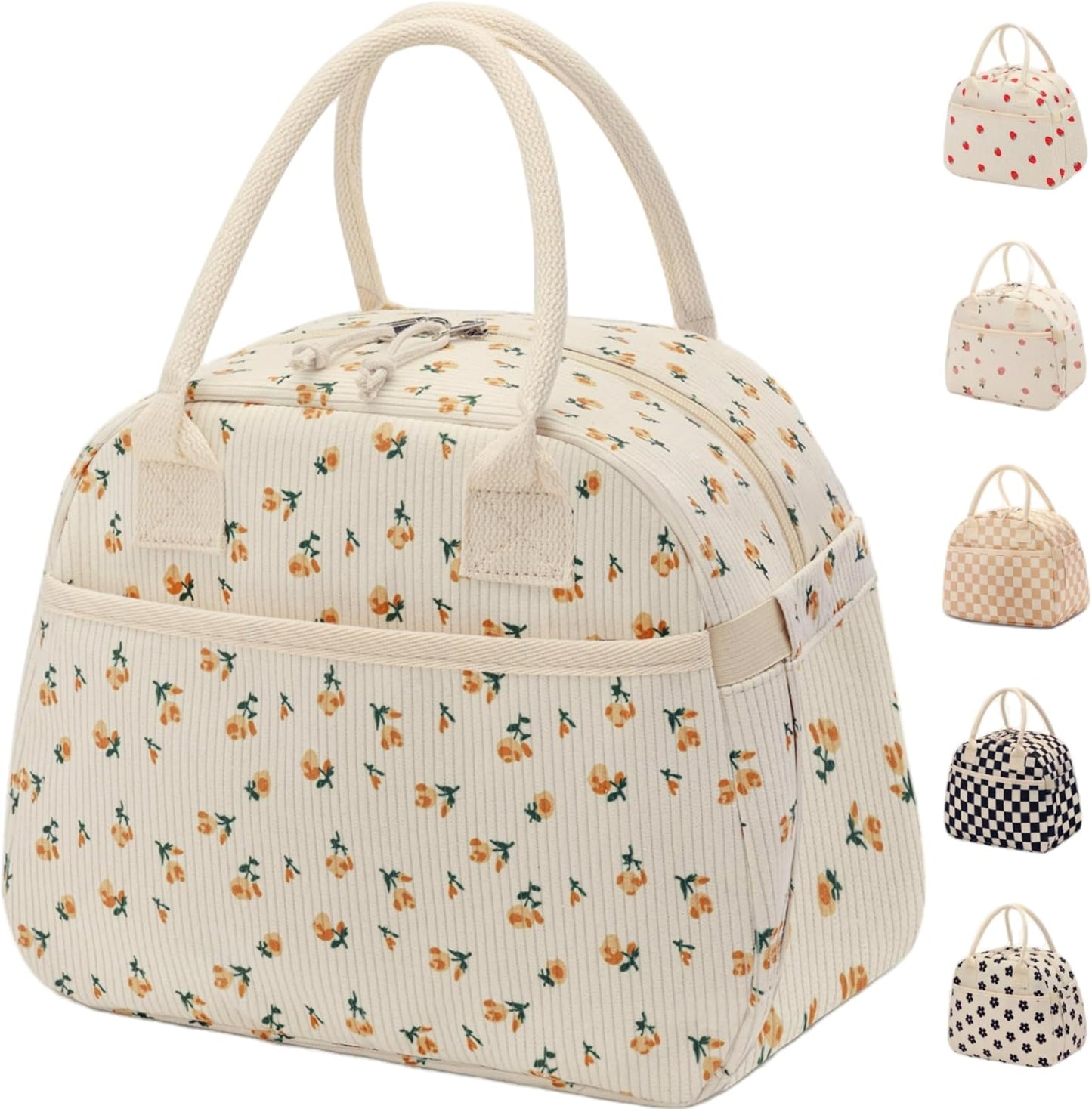 Lunch Box for Women, Insulated Lunch Bag Cute Corduroy Lunchbag Reusable Lunchbox for Work (flower yellow)