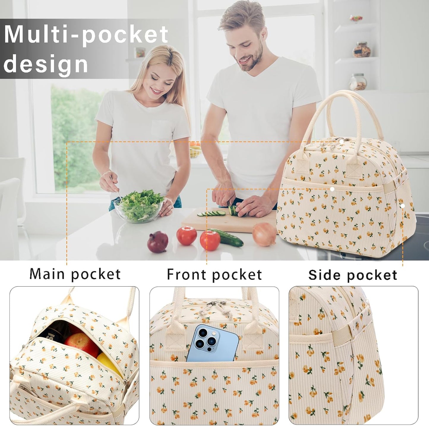 Lunch Box for Women, Insulated Lunch Bag Cute Corduroy Lunchbag Reusable Lunchbox for Work (flower yellow)