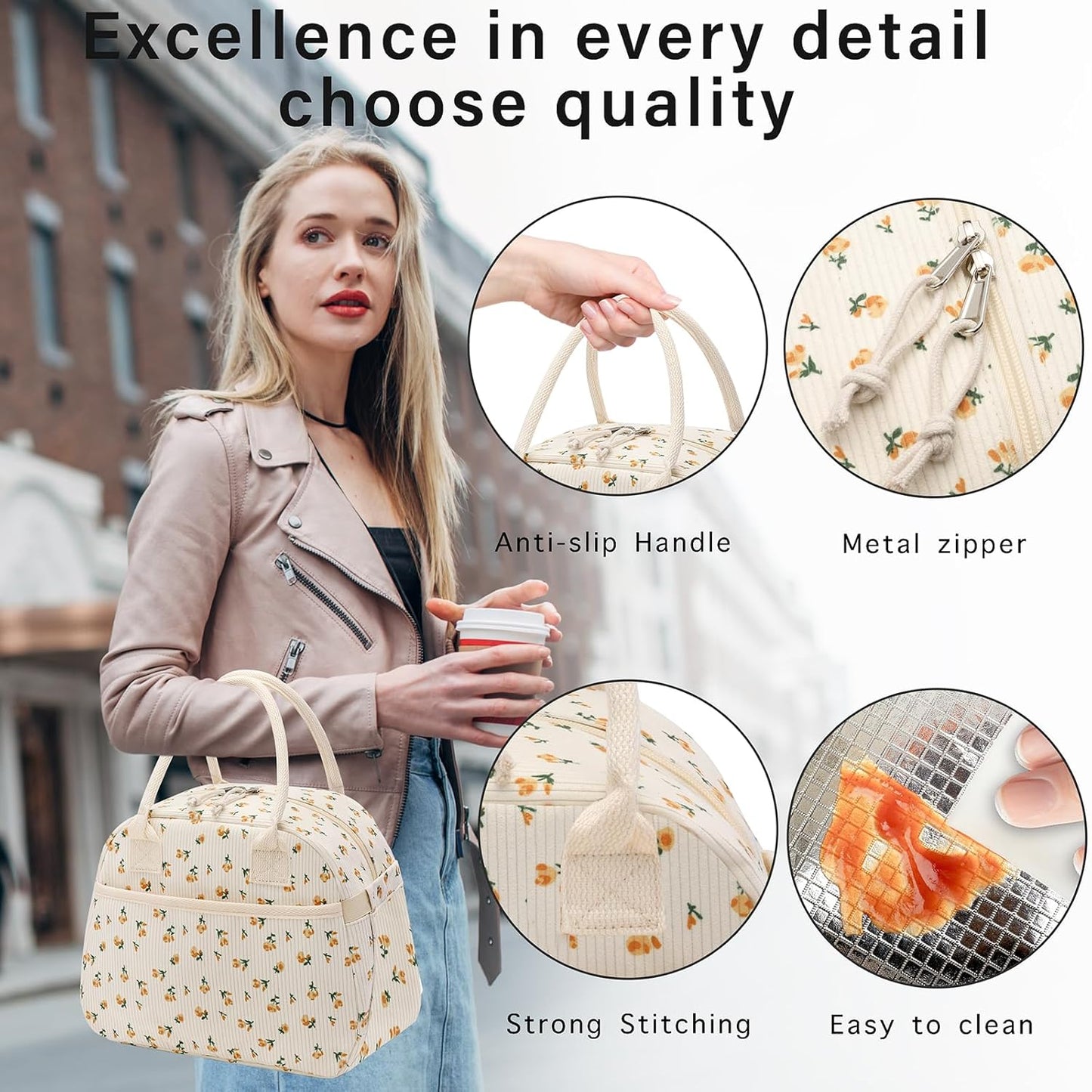 Lunch Box for Women, Insulated Lunch Bag Cute Corduroy Lunchbag Reusable Lunchbox for Work (flower yellow)