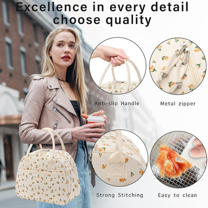 Lunch Box for Women, Insulated Lunch Bag Cute Corduroy Lunchbag Reusable Lunchbox for Work (flower yellow)