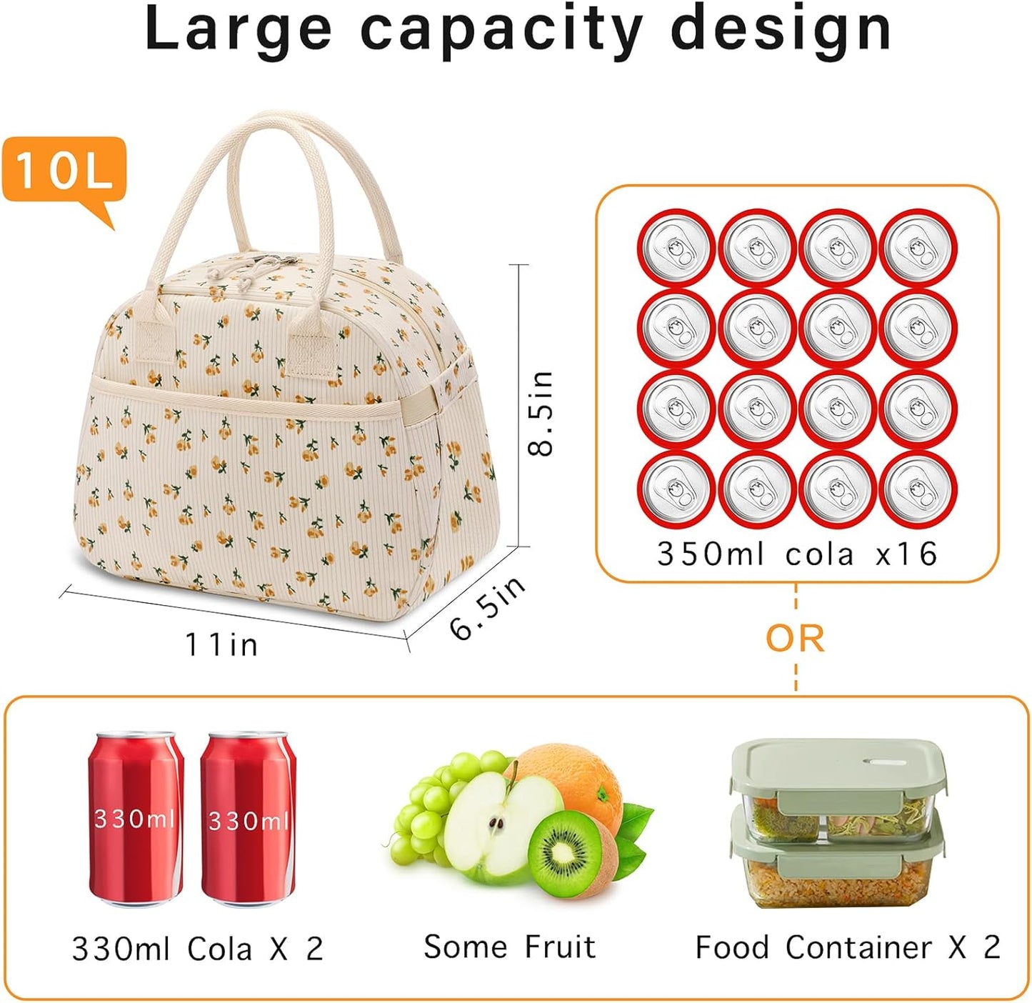 Lunch Box for Women, Insulated Lunch Bag Cute Corduroy Lunchbag Reusable Lunchbox for Work (flower yellow)