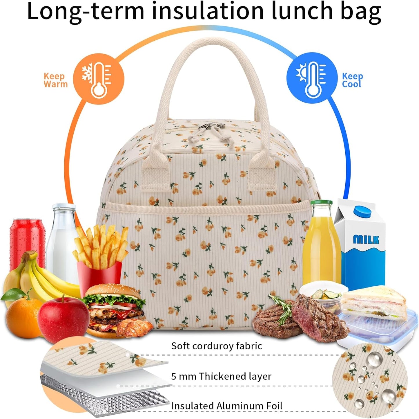 Lunch Box for Women, Insulated Lunch Bag Cute Corduroy Lunchbag Reusable Lunchbox for Work (flower yellow)