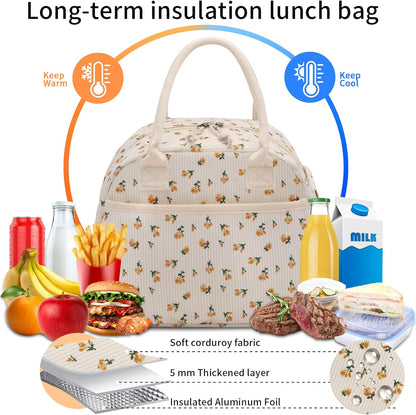 Lunch Box for Women, Insulated Lunch Bag Cute Corduroy Lunchbag Reusable Lunchbox for Work (flower yellow)