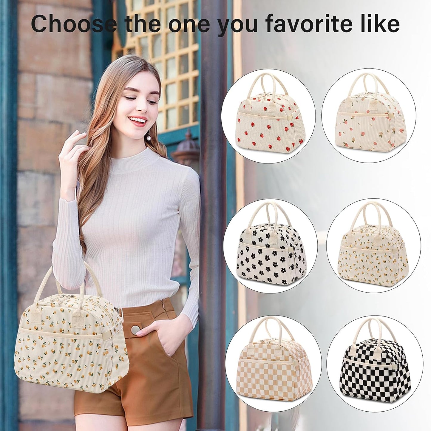 Lunch Box for Women, Insulated Lunch Bag Cute Corduroy Lunchbag Reusable Lunchbox for Work (flower yellow)