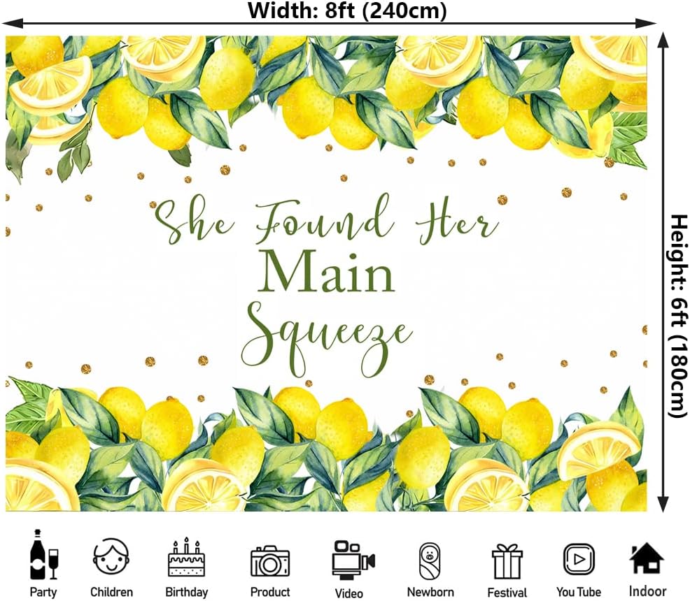 8x6ft Lemon Theme Bridal Shower Backdrop - She Found Her Main Squeeze Engagement Party Photography Background Cake Table Decoration Banner
