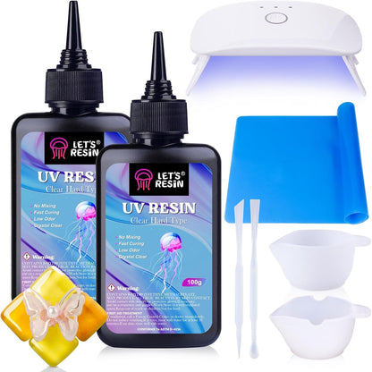 UV Resin with Light, Upgraded 200g Starter Kit for Jewelry | Crystal Clear, Low Odor, Anti-Yellowing, Fast Cure, Low Shrinkage, Low Viscosity for UV Jewelry, Earrings, Necklace, Keychain