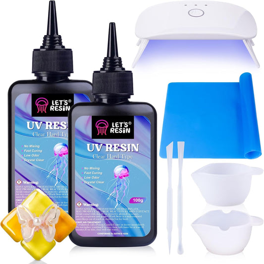 UV Resin with Light, Upgraded 200g Starter Kit for Jewelry | Crystal Clear, Low Odor, Anti-Yellowing, Fast Cure, Low Shrinkage, Low Viscosity for UV Jewelry, Earrings, Necklace, Keychain