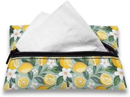 Lemon Flower Reusable Tissue Holder for Purse Small Lemon Tissue Holders Zipper Pouch Coin Makeup Bags for Travel