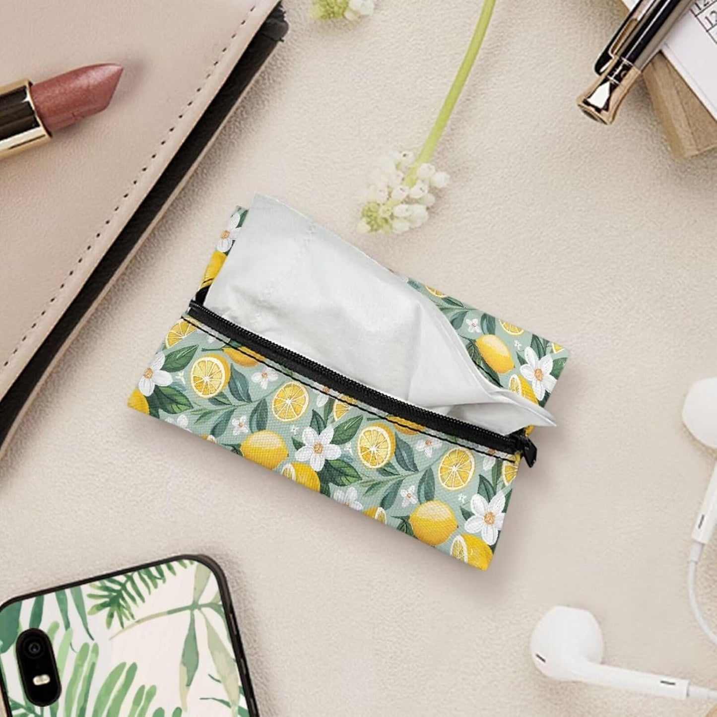 Lemon Flower Reusable Tissue Holder for Purse Small Lemon Tissue Holders Zipper Pouch Coin Makeup Bags for Travel