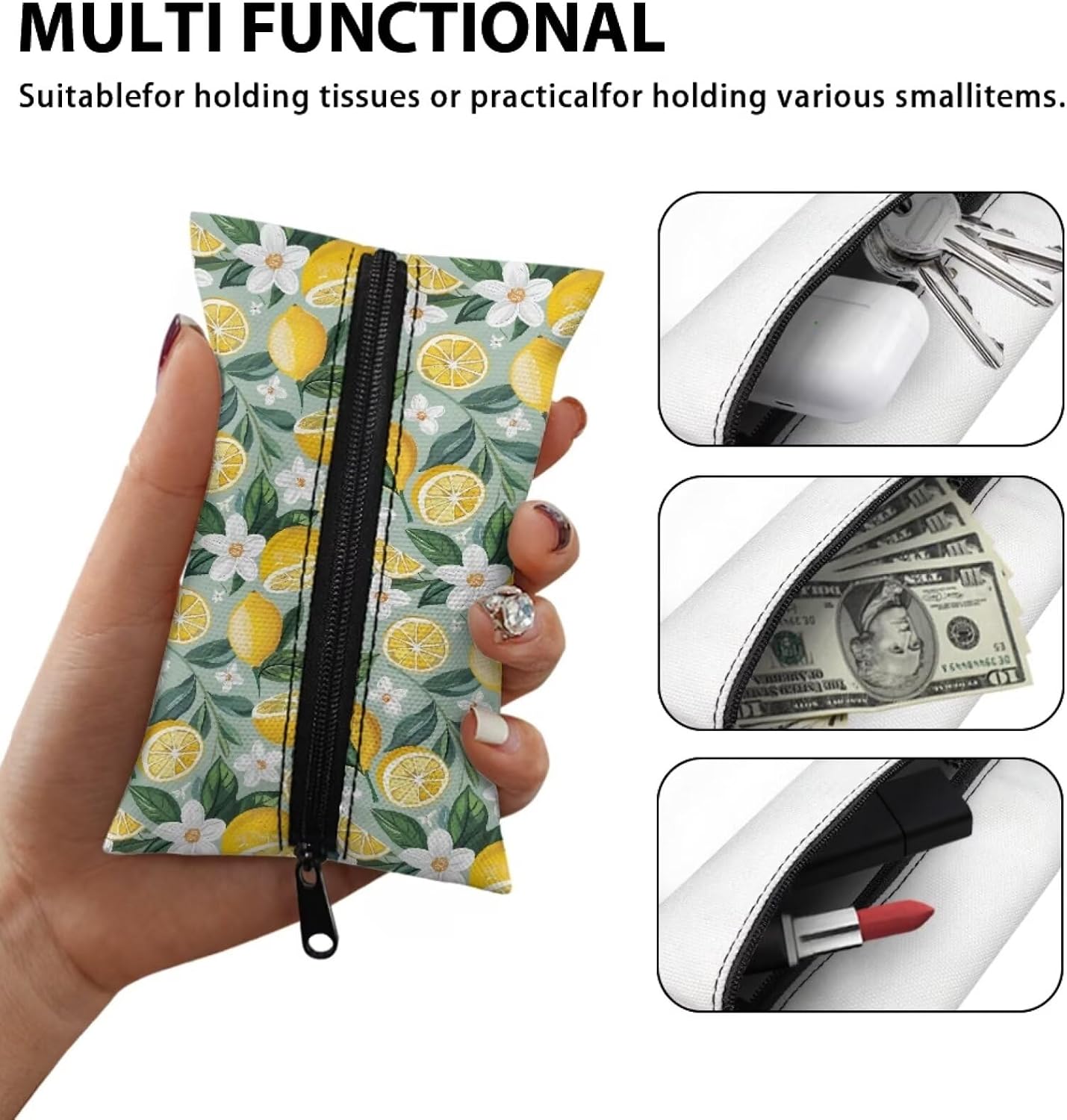 Lemon Flower Reusable Tissue Holder for Purse Small Lemon Tissue Holders Zipper Pouch Coin Makeup Bags for Travel