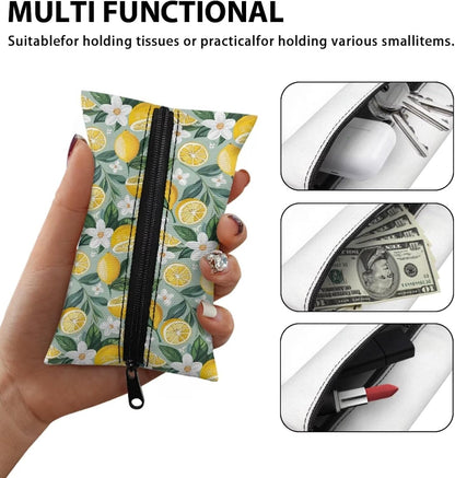 Lemon Flower Reusable Tissue Holder for Purse Small Lemon Tissue Holders Zipper Pouch Coin Makeup Bags for Travel