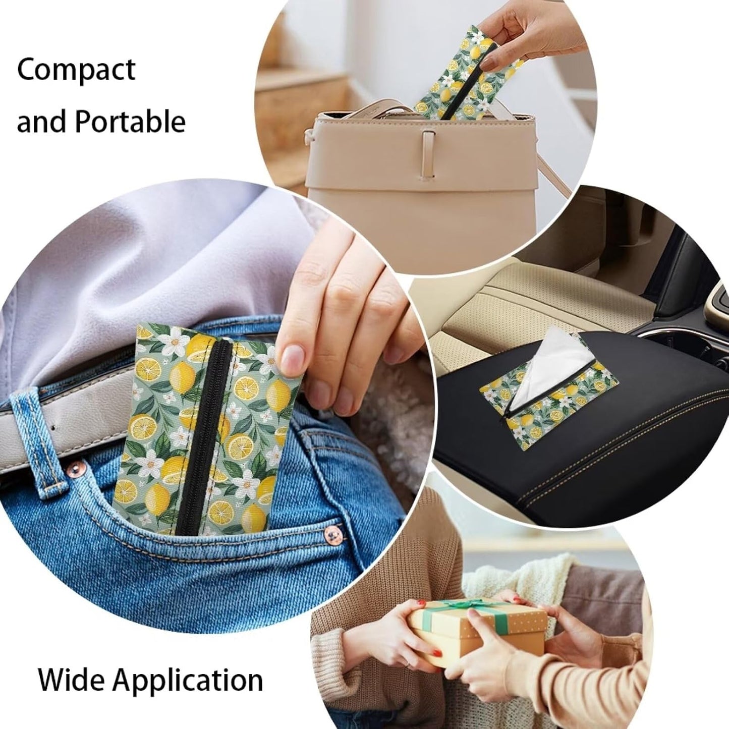 Lemon Flower Reusable Tissue Holder for Purse Small Lemon Tissue Holders Zipper Pouch Coin Makeup Bags for Travel