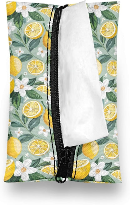Lemon Flower Reusable Tissue Holder for Purse Small Lemon Tissue Holders Zipper Pouch Coin Makeup Bags for Travel