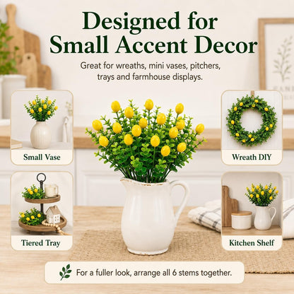 6 Pcs Artificial Lemon Branches Small Artificial Fruit Lemon Tree Greenery Decoration Faux Lemons Picks for Farmhouse Kitchen Home Table Decor Stem Fruits for Home Spring Summer Decor