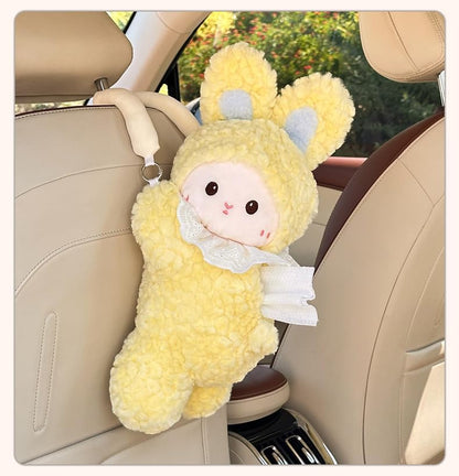 Car Tissue Holder Plush Animal Paper Towel Box Cute Rabbit Hanging Backseat Organizer for Cars Adorable Decorative Tissue Dispenser (Yellow Rabbit)