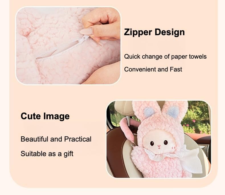 Car Tissue Holder Plush Animal Paper Towel Box Cute Rabbit Hanging Backseat Organizer for Cars Adorable Decorative Tissue Dispenser (Yellow Rabbit)