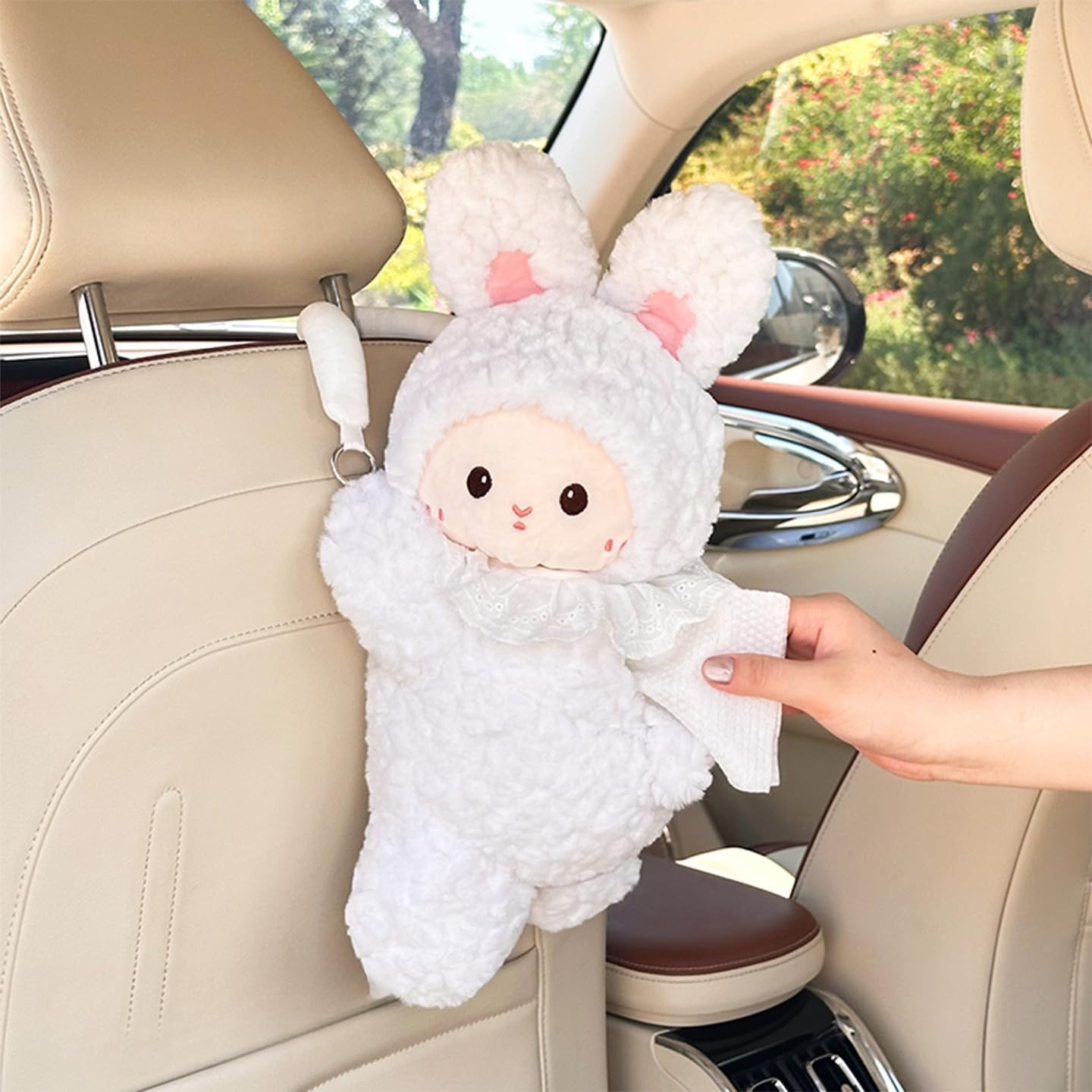 Car Tissue Holder Plush Animal Paper Towel Box Cute Rabbit Hanging Backseat Organizer for Cars Adorable Decorative Tissue Dispenser (Yellow Rabbit)