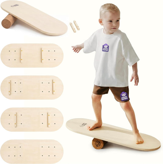 Balance Board for Kids with Cork Roller, 30" x 12" Wooden Balance Board, 4 Adjustable Levels, 400 lb Capacity, Progressive Balance Trainer for Kids, Parents & Family Play