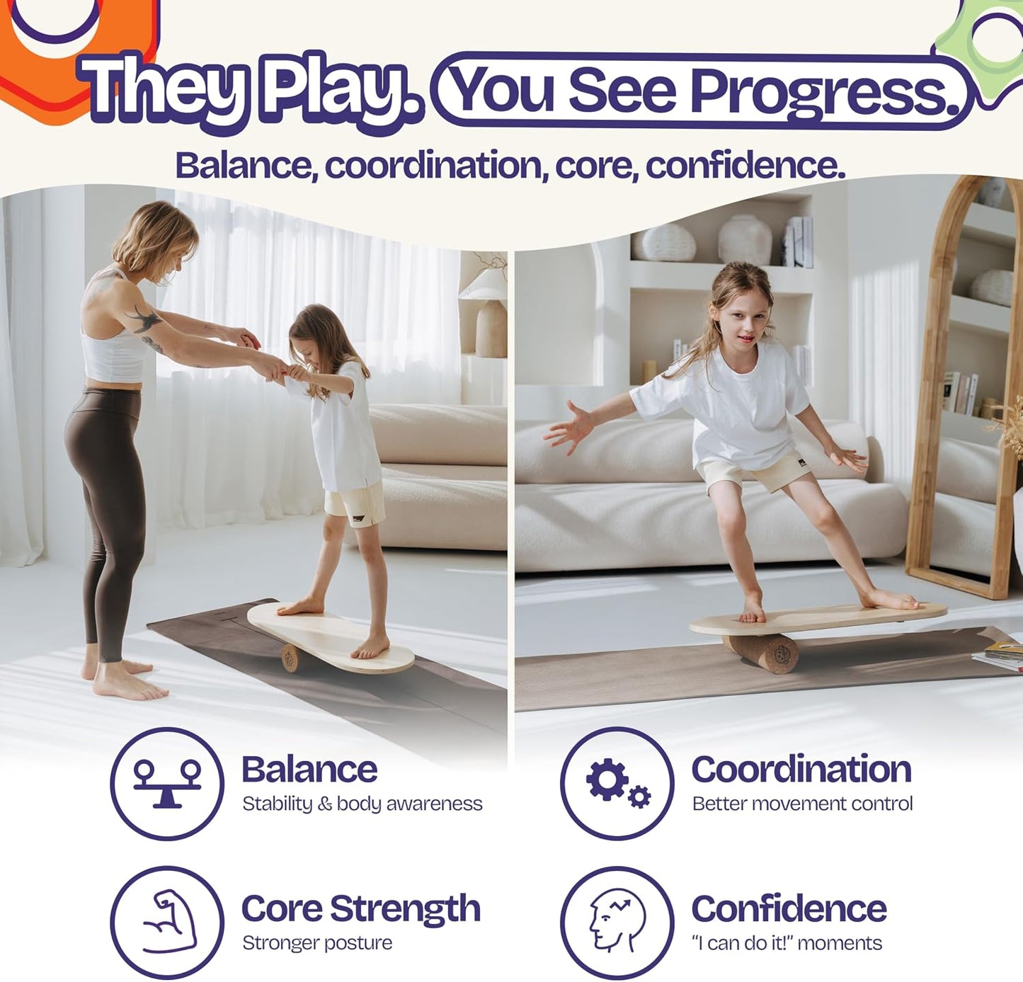 Balance Board for Kids with Cork Roller, 30" x 12" Wooden Balance Board, 4 Adjustable Levels, 400 lb Capacity, Progressive Balance Trainer for Kids, Parents & Family Play