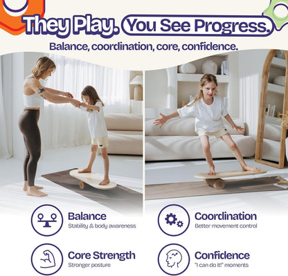 Balance Board for Kids with Cork Roller, 30" x 12" Wooden Balance Board, 4 Adjustable Levels, 400 lb Capacity, Progressive Balance Trainer for Kids, Parents & Family Play