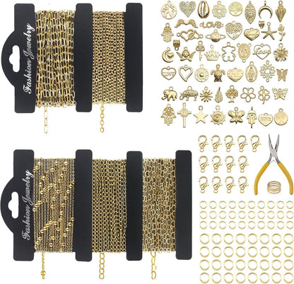 14k Gold Necklace Chain for Jewelry Making, 16.6 Feet Total (5 Rolls) DIY Bracelet Chains with 300 Jump Rings, 50 Lobster Clasps, 1 Jewelry Pliers,1 Support Ring and 50 Pendants