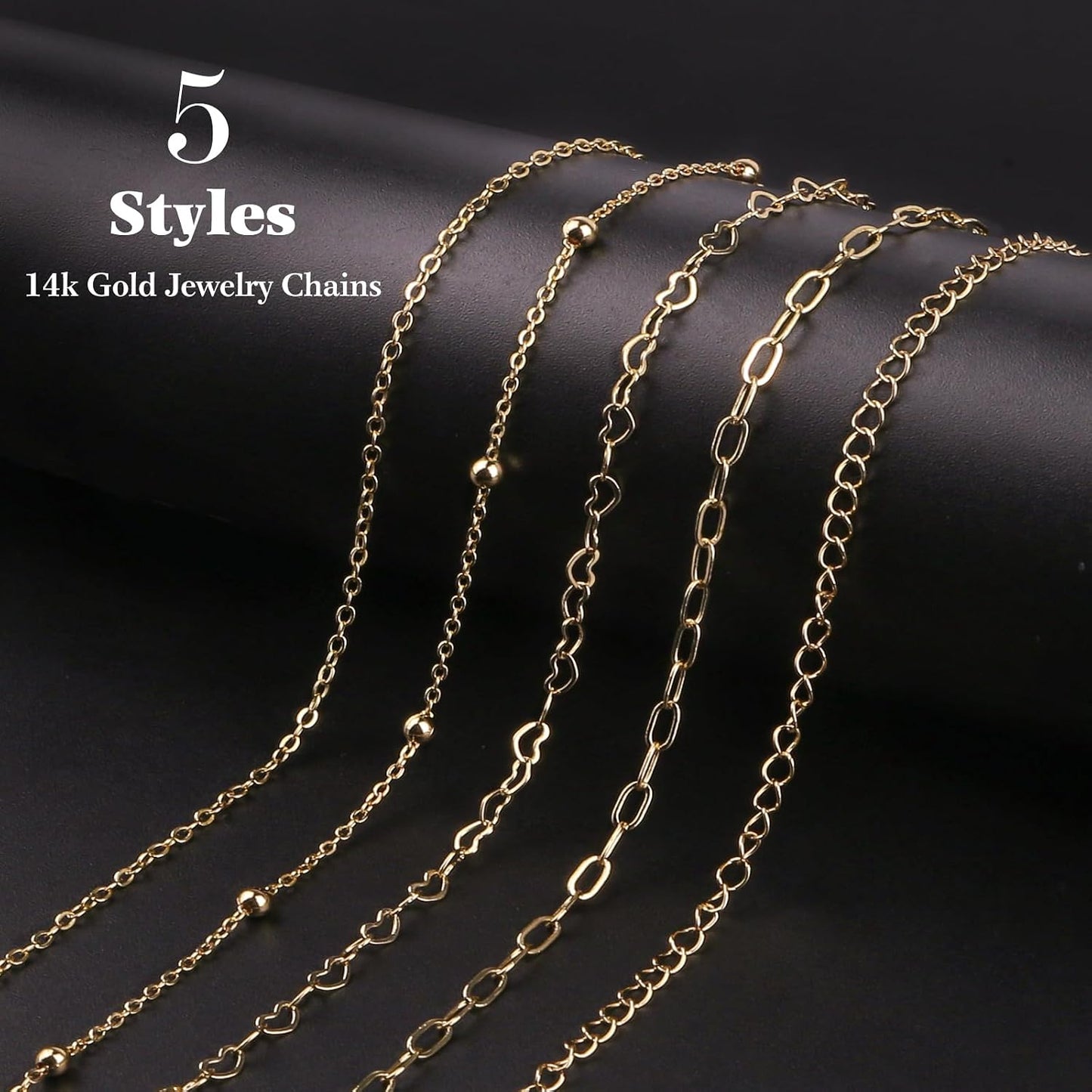 14k Gold Necklace Chain for Jewelry Making, 16.6 Feet Total (5 Rolls) DIY Bracelet Chains with 300 Jump Rings, 50 Lobster Clasps, 1 Jewelry Pliers,1 Support Ring and 50 Pendants