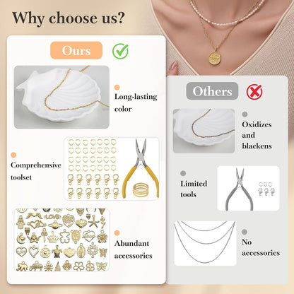 14k Gold Necklace Chain for Jewelry Making, 16.6 Feet Total (5 Rolls) DIY Bracelet Chains with 300 Jump Rings, 50 Lobster Clasps, 1 Jewelry Pliers,1 Support Ring and 50 Pendants