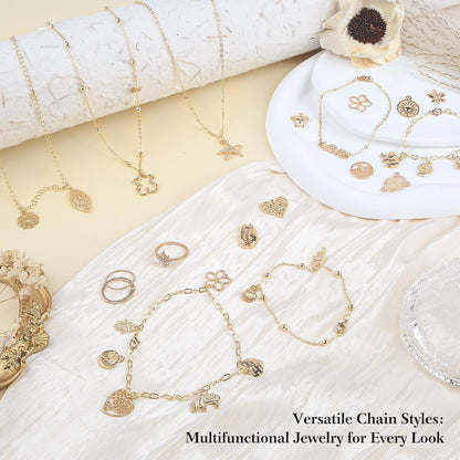 14k Gold Necklace Chain for Jewelry Making, 16.6 Feet Total (5 Rolls) DIY Bracelet Chains with 300 Jump Rings, 50 Lobster Clasps, 1 Jewelry Pliers,1 Support Ring and 50 Pendants