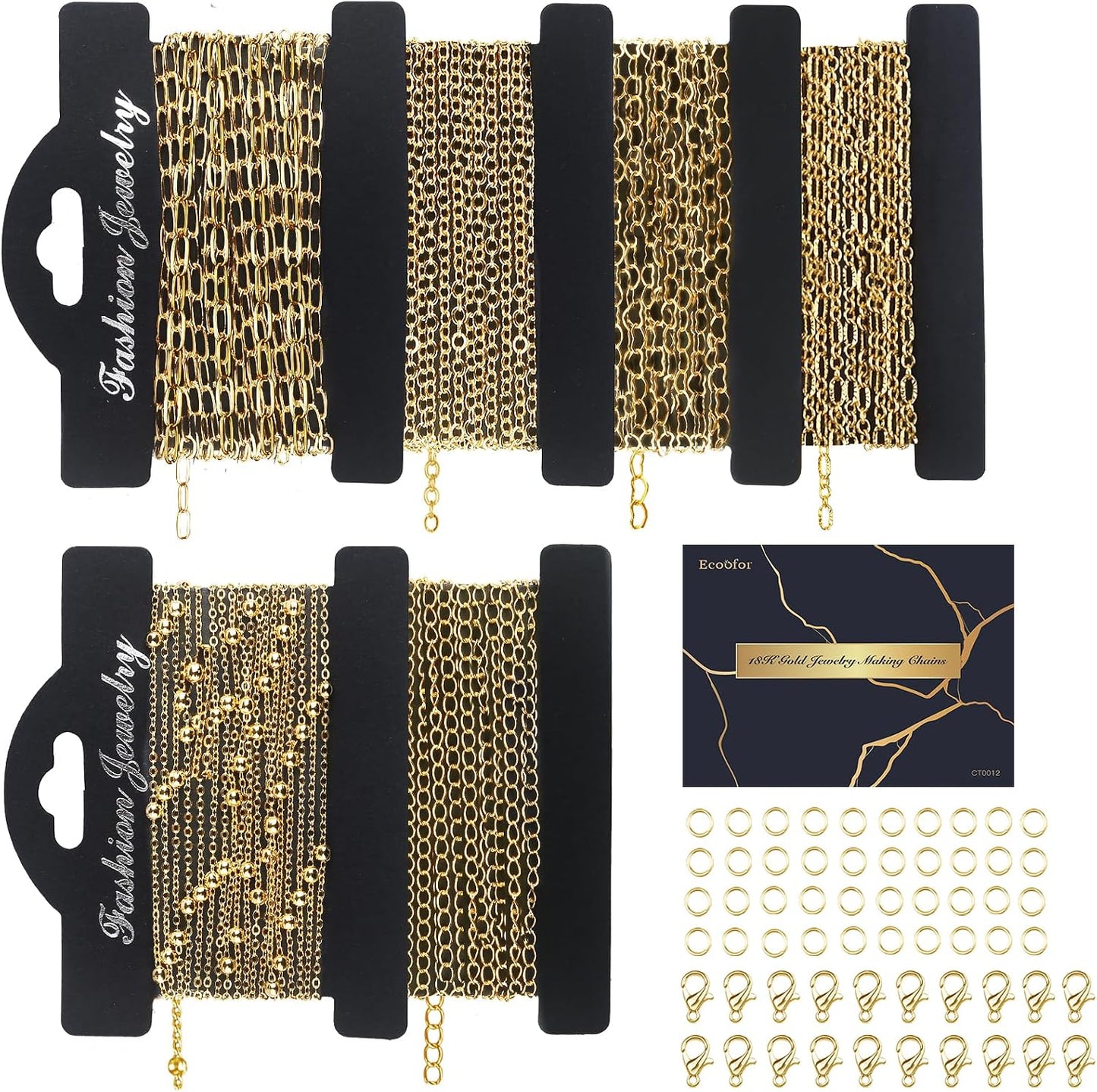 14k Gold Necklace Chain for Jewelry Making, 16.6 Feet Total (5 Rolls) DIY Bracelet Chains with 300 Jump Rings, 50 Lobster Clasps, 1 Jewelry Pliers,1 Support Ring and 50 Pendants