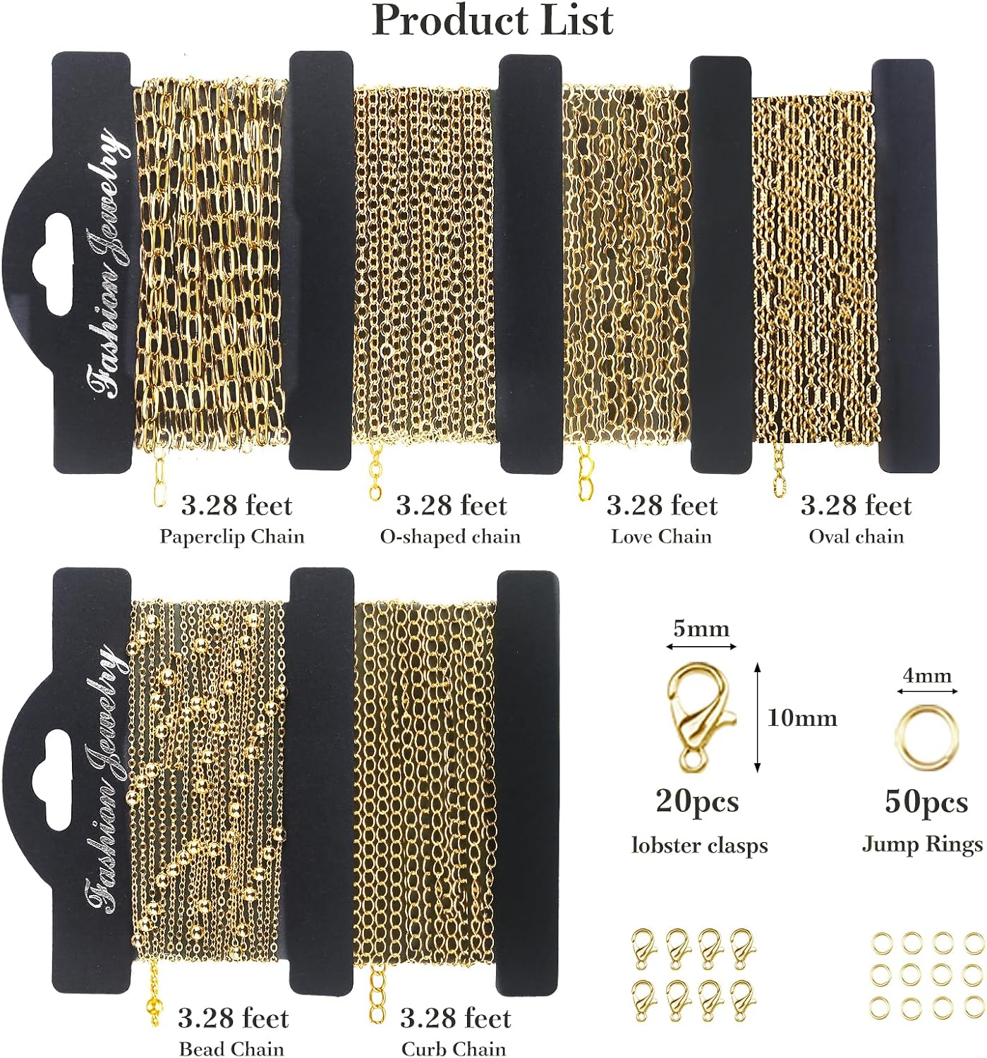 14k Gold Necklace Chain for Jewelry Making, 16.6 Feet Total (5 Rolls) DIY Bracelet Chains with 300 Jump Rings, 50 Lobster Clasps, 1 Jewelry Pliers,1 Support Ring and 50 Pendants
