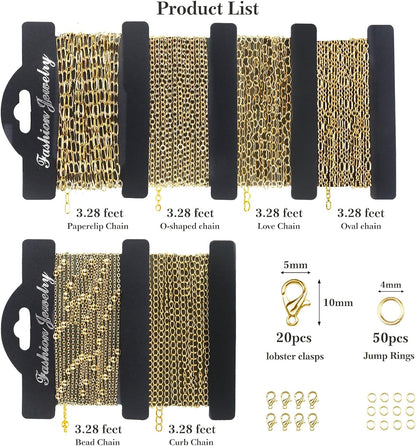 14k Gold Necklace Chain for Jewelry Making, 16.6 Feet Total (5 Rolls) DIY Bracelet Chains with 300 Jump Rings, 50 Lobster Clasps, 1 Jewelry Pliers,1 Support Ring and 50 Pendants