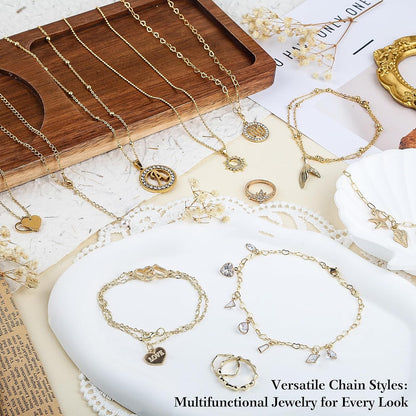 14k Gold Necklace Chain for Jewelry Making, 16.6 Feet Total (5 Rolls) DIY Bracelet Chains with 300 Jump Rings, 50 Lobster Clasps, 1 Jewelry Pliers,1 Support Ring and 50 Pendants
