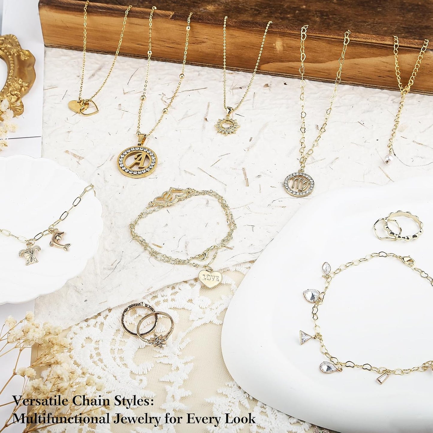 14k Gold Necklace Chain for Jewelry Making, 16.6 Feet Total (5 Rolls) DIY Bracelet Chains with 300 Jump Rings, 50 Lobster Clasps, 1 Jewelry Pliers,1 Support Ring and 50 Pendants