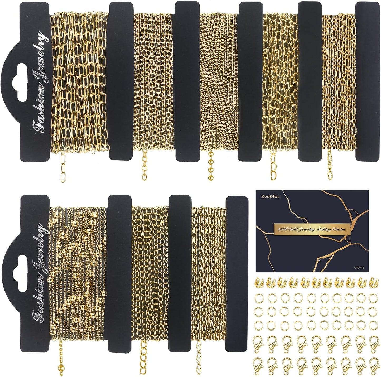 14k Gold Necklace Chain for Jewelry Making, 16.6 Feet Total (5 Rolls) DIY Bracelet Chains with 300 Jump Rings, 50 Lobster Clasps, 1 Jewelry Pliers,1 Support Ring and 50 Pendants